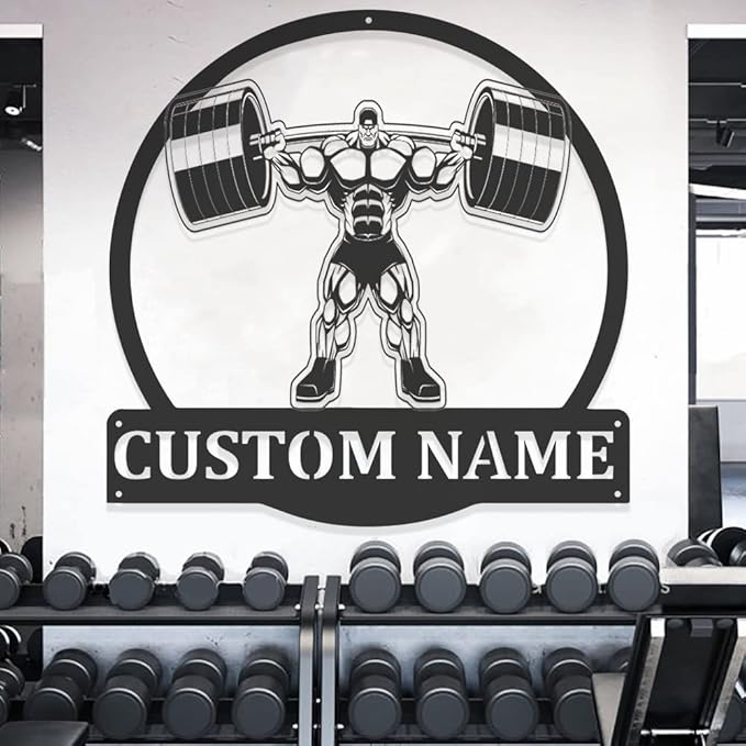 Gym Metal Sign Personalized Custom Name Workout Room Fitness Decor, Powerlifting Garage Center Motivational Wall Art, Gift for Women, Men, Dad, Papa, Grandpa, Mother, Sister, Girls, Family Steel