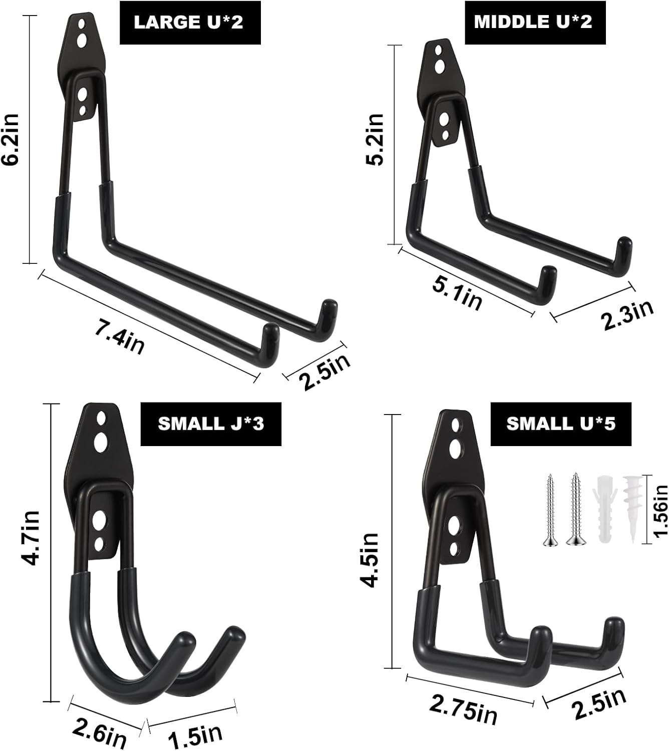 Steel Garage Hooks Wall Tool Organizer, 12 Pack Garage Storage Hook Heavy Duty Utility Storage Hangers Black for Ladders, Ropes, Garden Tools