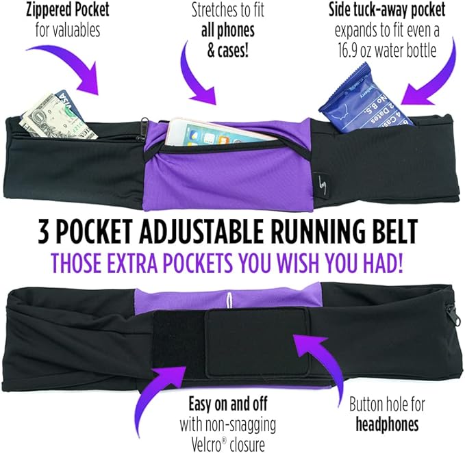 3 Pocket Adjustable Running Belt Waist Pack, Fanny Pack For Working Out With Sweat Resistant Backing, Holds All iPhone Models (Tie Dye/Black, Large/XL)