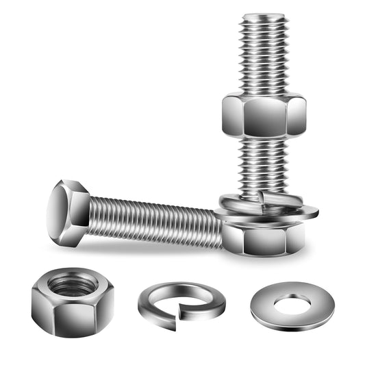 3/8-16 x 2" Hex Head Screw Bolt, Nuts, Flat & Lock Washers, 20Pcs 18-8 (304) Stainless Steel, Fully Threaded, by SG TZH