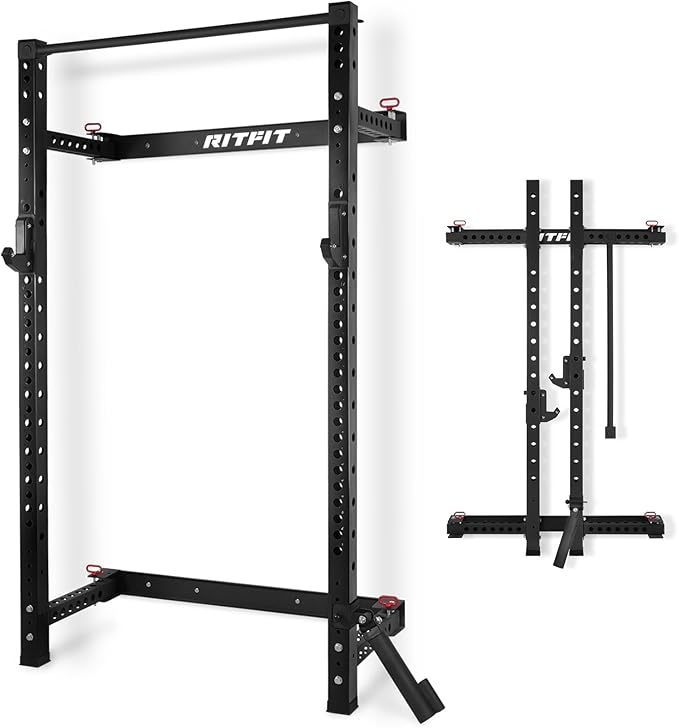 RitFit Multi-Functional Folding Squat Rack for Home Gym, 2.36'' x 2.36'' Wall Mounted Squat Rack with Attachments - Space Saving Squat Power Rack