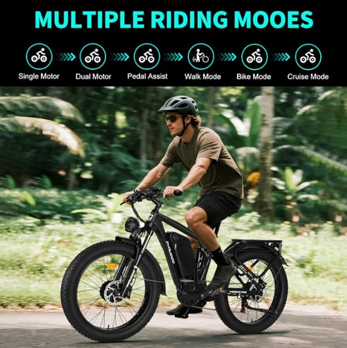 PHILODO Forester Electric Bike, 60V 26Ah Bike Battery for Long Range with 5000W Dual Motor Ebike for Adults, 26x4 Electric Bike Fat Tires for All Terrain Electric Mountain Bike