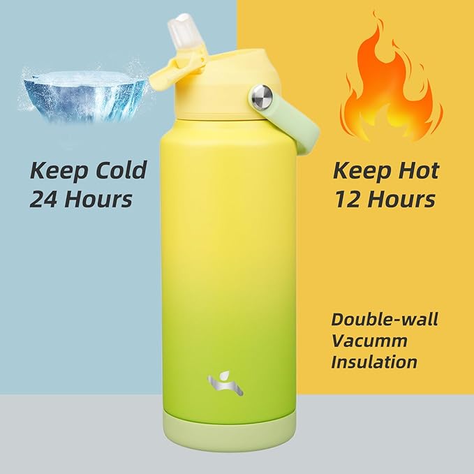 Insulated Water Bottle with Straw Lid,32 oz Stainless Steel Vacuum Metal Bottle with Silicone Handle,Lime