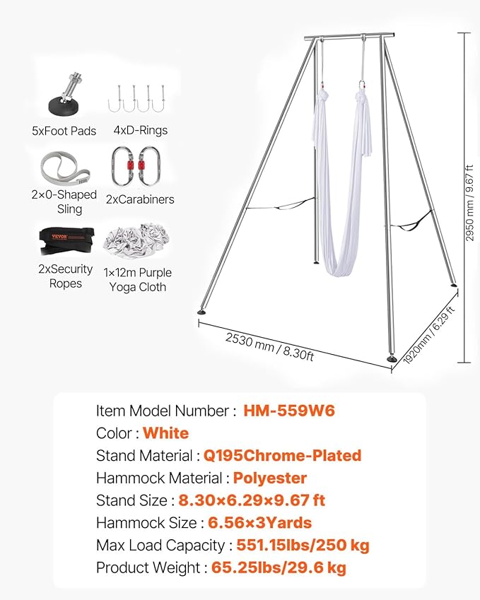 VEVOR Aerial Yoga Frame, 9.67 ft Height Swing Stand, Max 551.15 lbs Load Chrome-Plated Steel Pipe Inversion Yoga Rig for Indoor Outdoor Use