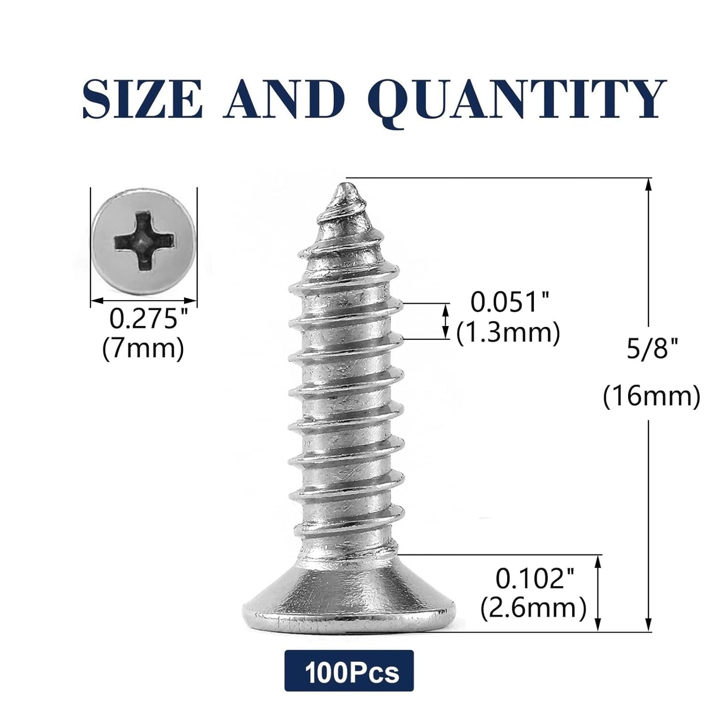 #6 x 5/8" Wood Screw 100Pcs 18-8 (304) Stainless Steel Screws Flat Head Phillips Fast Self Tapping Drywall Screws by SG TZH