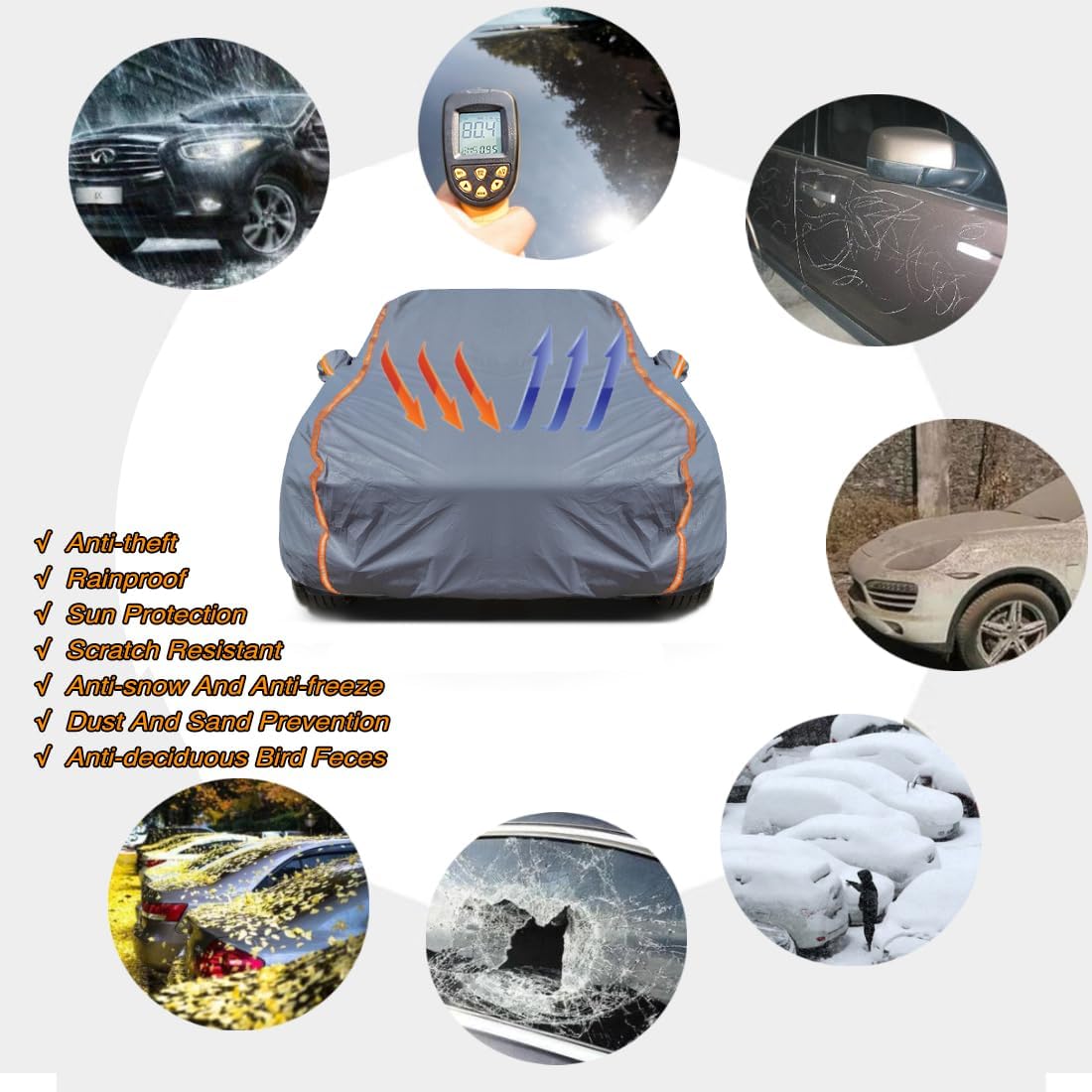 KEYOOG Universal Waterproof Heavy Weight Full Car Covers, Fit Sedan, All Weather, Outdoor Full Cover Weatherproof UV Sun Protection Snow Dust Storm Resistant with PEVA Cotton, for Cars Up to 198"