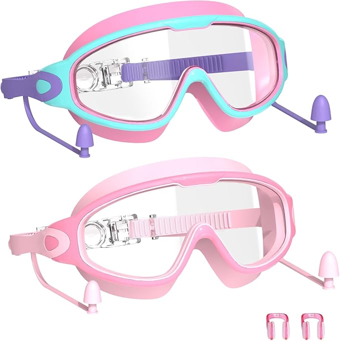 Swim Goggles for Kids 3-15 with Earplugs Large Frame Anti-Fog/UV Swimming Goggles for Boys Girls Toddler 2PCS