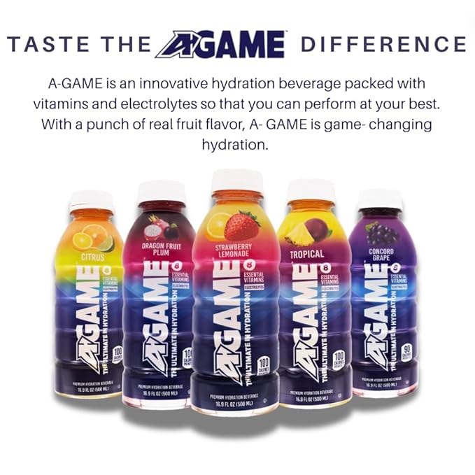 A-GAME Sports Drink, Strawberry Lemonade, The Ultimate Hydration Sports Beverage for Athletes, 8 Essential Vitamins including B, C, & E plus Natural Sea Salt Electrolytes, All Natural Flavors & Sweeteners, Gluten Free, 16.9 Fl Oz (Pack of 12)