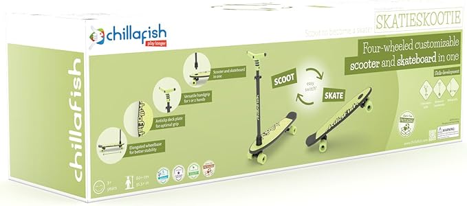Chillafish Skatieskootie Customizable Training Skateboard and Lean-to-Steer Scooter with Detachable Stability Handlebar, Ages 3+