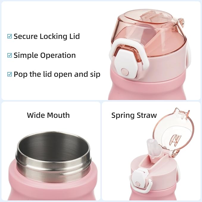 Insulated Water Bottle with Straw and Carry Loop,18 oz Stainless Steel Double Wall Vaccum Metal Water Flask with Leak-proof Lid,Pink