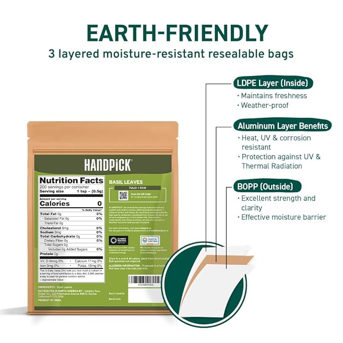 HANDPICK Dried Basil Leaves 40 Servings (100g/ 3.5oz) Non GMO, Gluten Free, 100% Raw Whole Tulsi Leaf, Sourced from India, Premium Quality, Packed in Resealable Ziplock Pouch