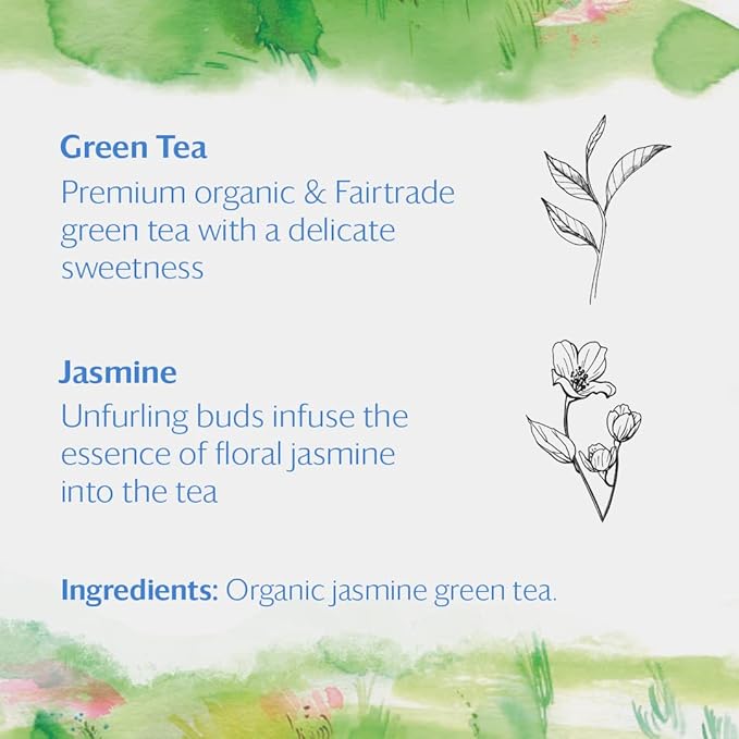 Grace Farms Organic JASMINE Green Tea (50 Pyramid Sachets) | Fragrant and Sweet | Fairtrade and Kosher Certified | Best Green Tea | Gives Back 100% of Profits