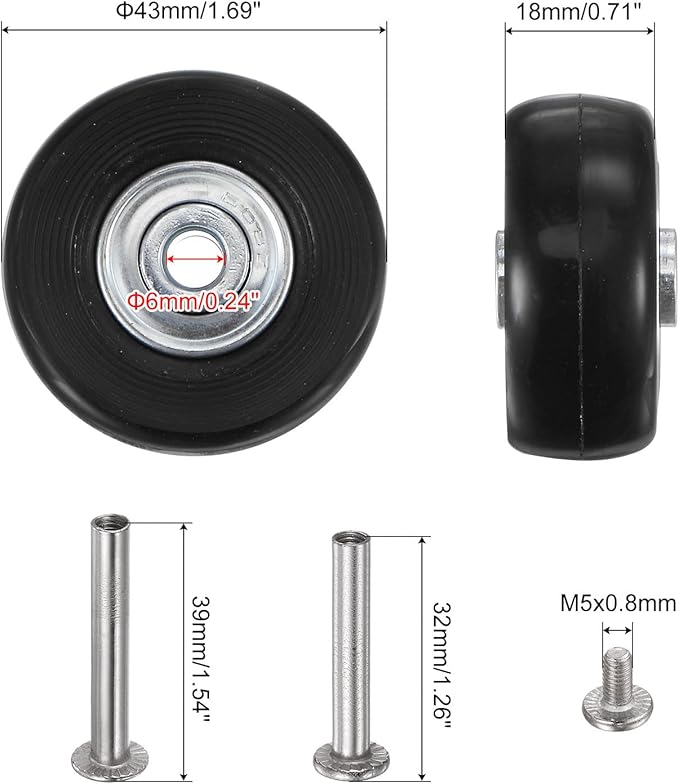 uxcell Replacement Luggage Wheels 43x18mm Suitcase Wheel Repair Kits Include 2 PU Bearing Wheels & Washers, Wrenches & Axle Screw for Trolley Bag, Inline Skate and Caster Board