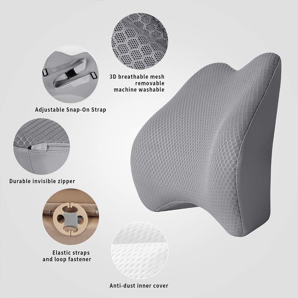 Memory Foam Lumbar Support Pillow for Car - Back Support for Car Seat (Gray)