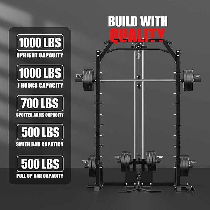 Smith Machine, Power Rack with LAT Pulldown System, Power Cage with Cable System, Squat Rack for Home Gym with Chest Press Machine, Spotter Arms, Leg Curl Attachment and More