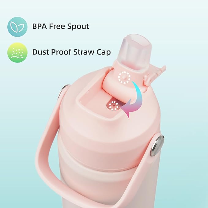 Insulated Water Bottle with Straw Lid,24 oz Stainless Steel Vacuum Metal Bottle with Silicone Handle,Pearl