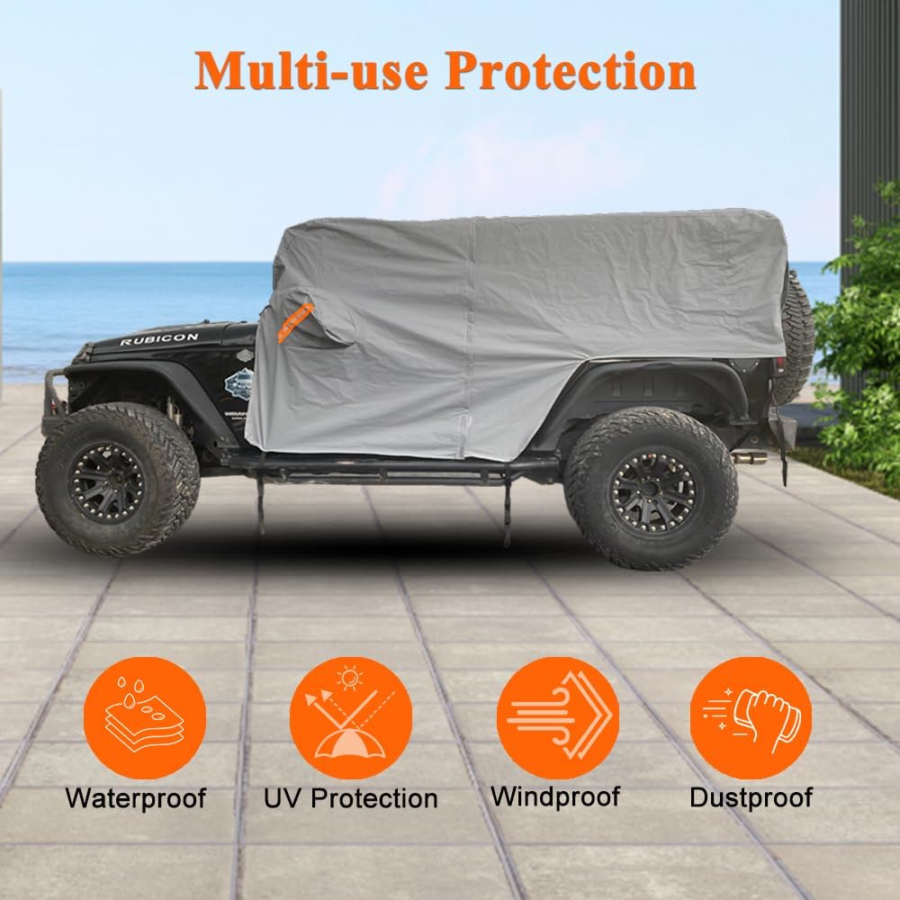 Cab Cover for Jeep Wrangler JK JL 4 Door 2007-2025, Waterproof Wrangler Rain Cover with Driver Door Zipper Soft Inner Liner All Weather Snow Rain UV Protection