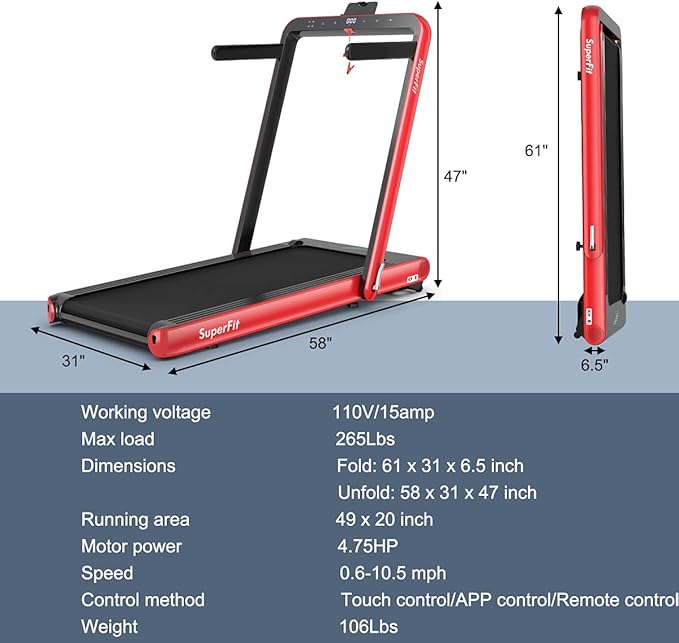 GYMAX Walking Pad, 4.75HP Under Desk Treadmill with LED Touch Screen, App Control, Built-in Speaker & Handle, 2 in 1 Folding Compact Portable Treadmill for Home Small Space