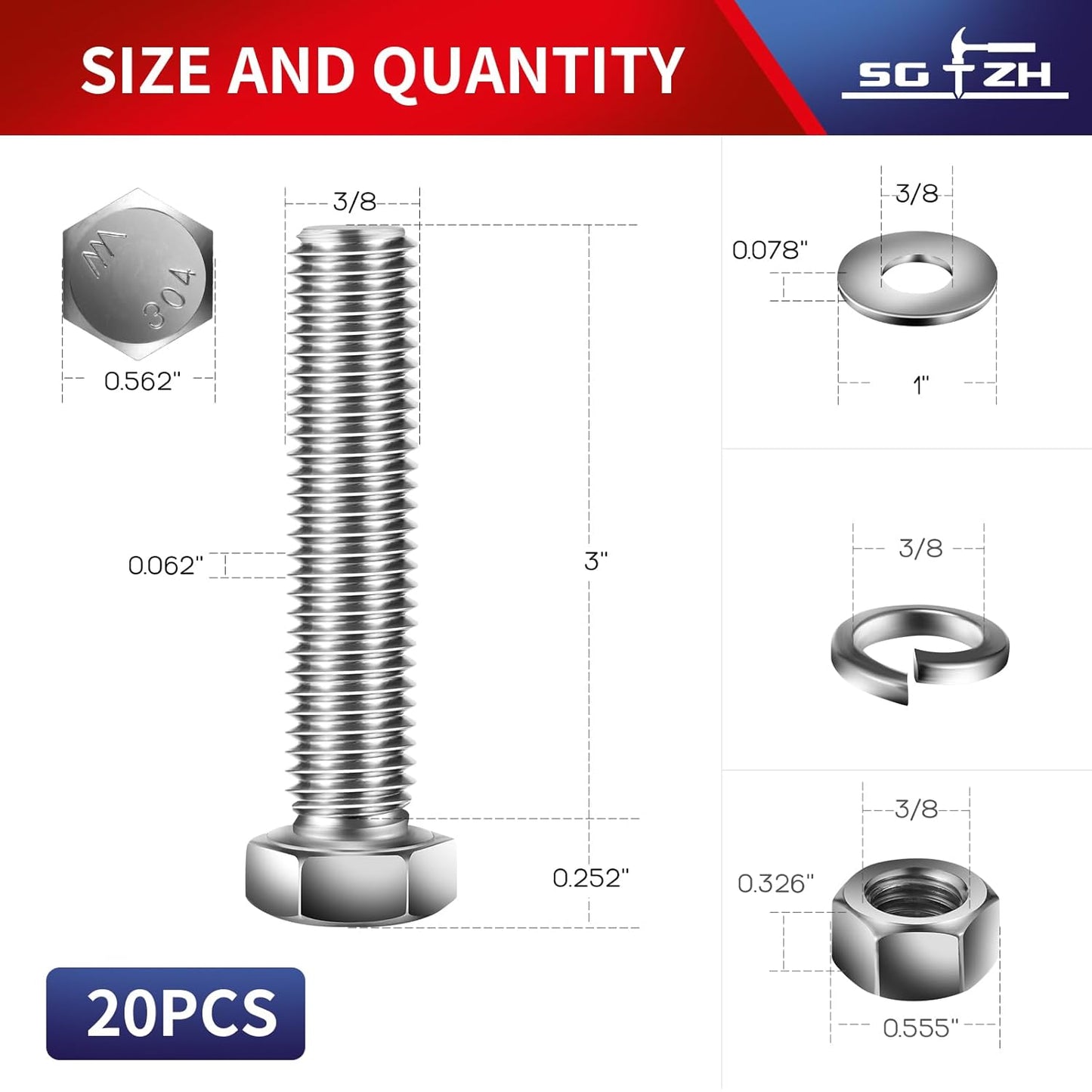 3/8-16 x 3" Hex Head Screw Bolt, Nuts, Flat & Lock Washers, 20Pcs 18-8 (304) Stainless Steel, Fully Threaded, by SG TZH