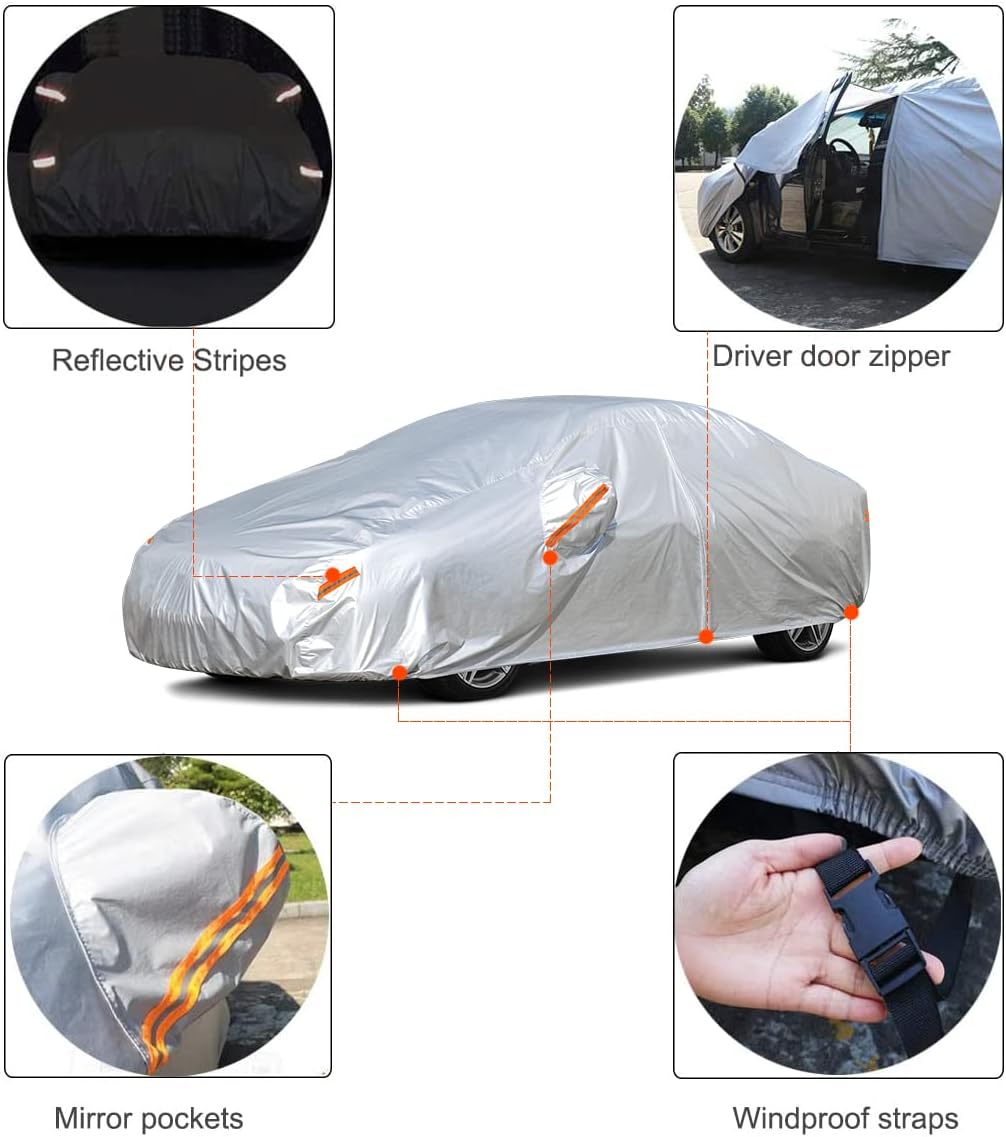 Kayme Car Covers for Automobiles Waterproof All Weather with Zipper Sun Uv Rain Protection Mirror Pocket Fit Nissan, Audi A3 Sedan, Acura Integra/Rsx, Hyundai Accent etc.(Up to 177 Inch) 3M