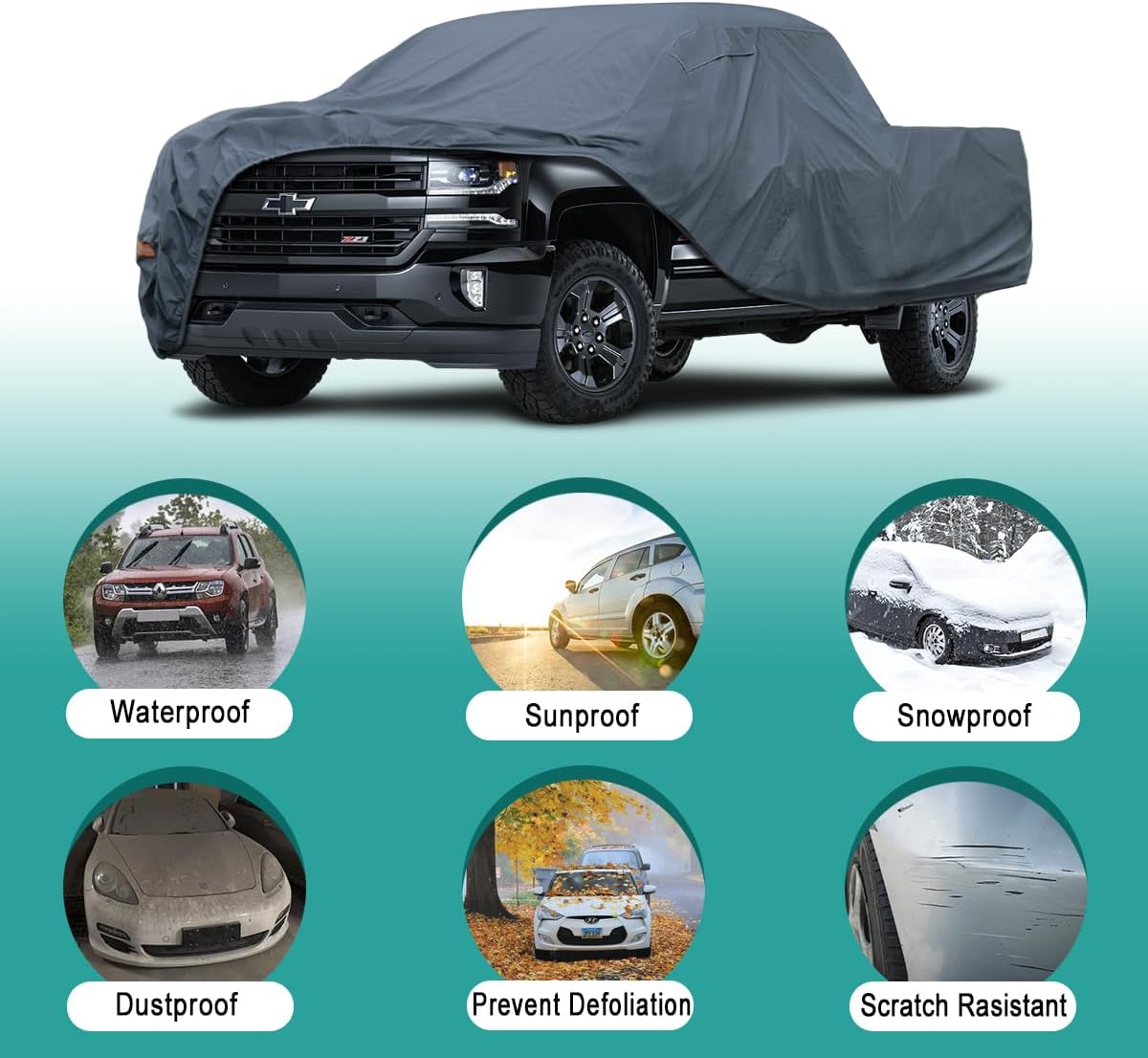 16 Layers Large Truck Cover Waterproof All Weater, Heavy Duty Pickup Truck Cover for RAM 2500 3500, Silverado 1500 2500 3500, F-Series F-250 F-350, Toyota Tundra etc. Length up to 262 inch.