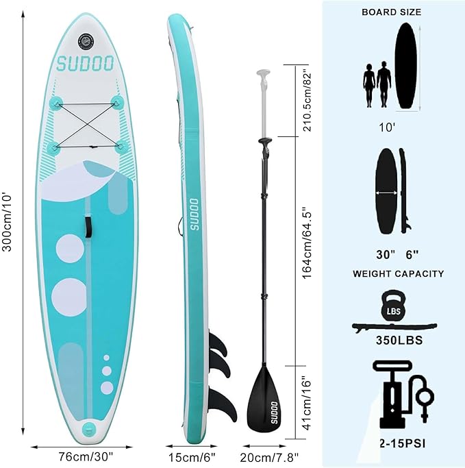 Inflatable Stand Up Paddle Board 10‘x30‘‘- Ultra-Light SUP with Backpack, Pump, Paddle, Coil Leash, 3 Fins, Repair Kit, Stable Design, Non-Slip EVA Deck for Adults & Youth