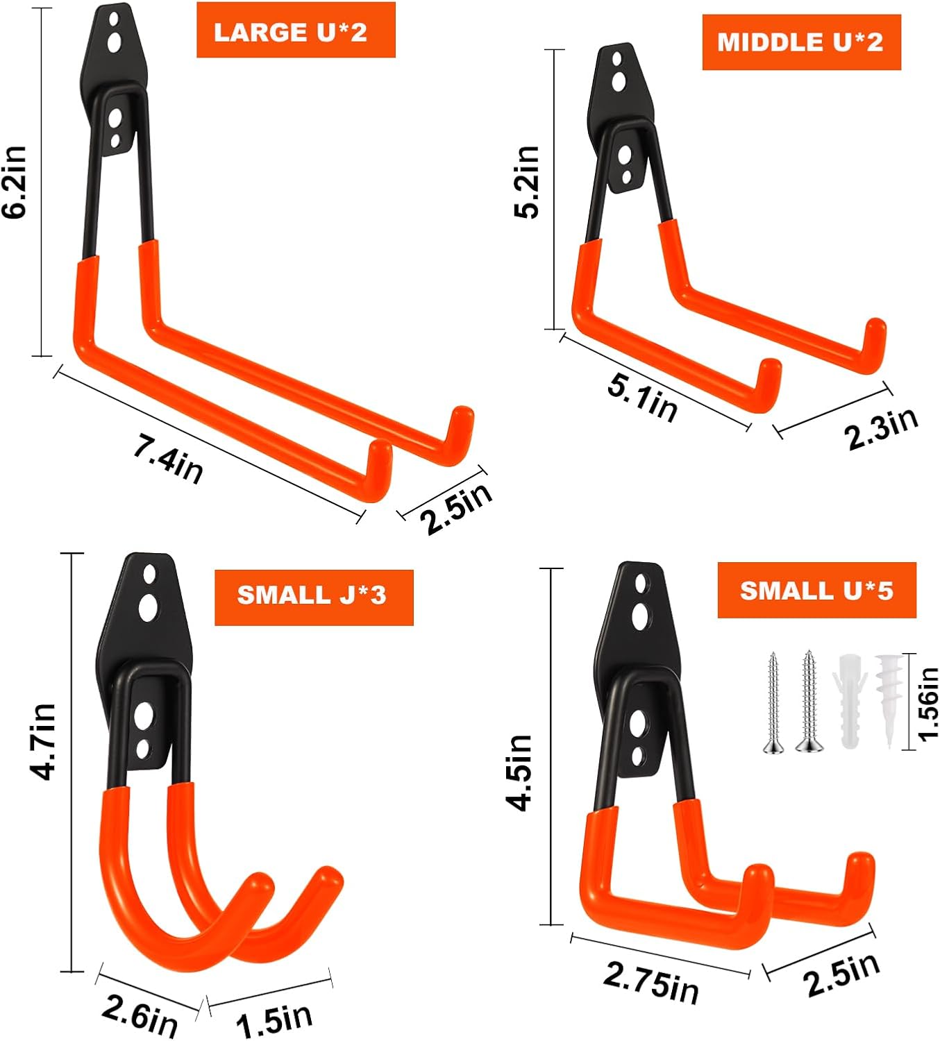 Steel Garage Hooks Wall Tool Organizer, 12 Pack Garage Storage Hook Heavy Duty Utility Storage Hangers Orange for Ladders, Ropes, Garden Tools