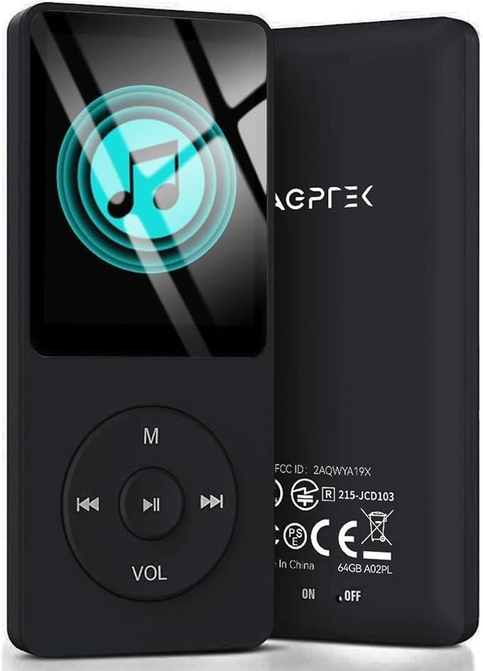 AGPTEK A02PL 64GB MP3 Player, 70 Hours Playback Lossless Sound Music Player, Supports up to 128GB(Black)