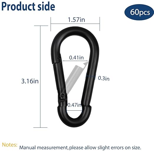 60Pcs 3" Heavy Duty Spring Snap Hook Carabiners, M8 5/16" Galvanized Steel Black Carabiner Clip, Quick Link Keychain for Hammock Swing Set Outdoor Travel Camping Fishing Hiking