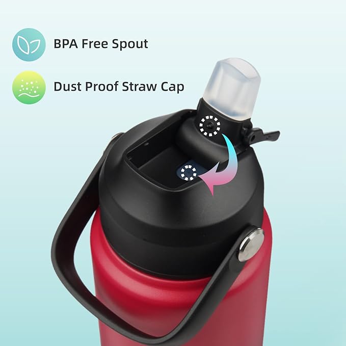 Insulated Water Bottle with Straw Lid,32 oz Stainless Steel Vacuum Metal Bottle with Silicone Handle,Rosy Red