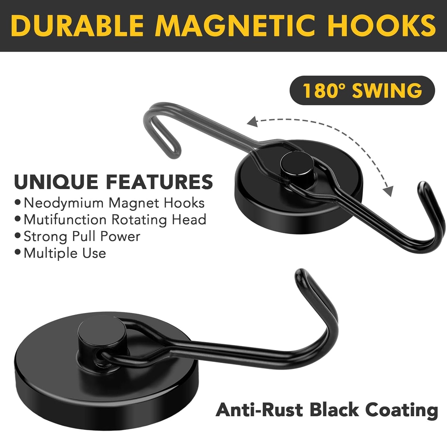 MIKEDE Magnetic Hooks, 110LB Heavy Duty Neodymium Black Magnet Hooks, Strong Swivel Magnetic Hooks Rust Proof for Indoor Outdoor Hangers Hanging, Fridge, Garage, Cruise, 6 Pack