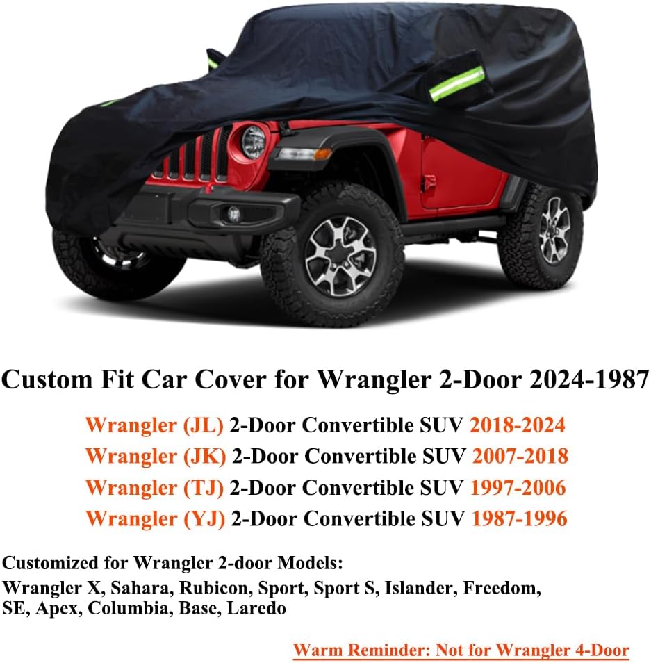 Heavy Duty Waterproof Car Cover Compatible with Jeep Wrangler 2-Door 2025-1987 SUV Wagon, All Weather Car Covers with Cotton Lining, Snow Rain Sun UV Cover for Wrangler 2 Door JK JL CJ YJ TJ
