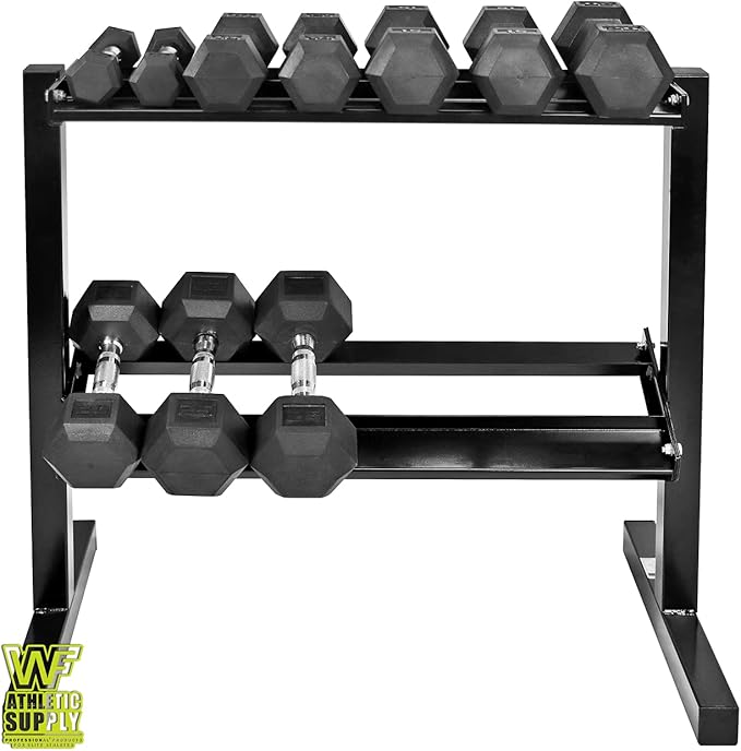 WF Athletic Supply Rubber Coated Hex Dumbbell Set with Two Tier Premium Storage Rack Built for Strength Building, Weight Loss & Home Gym – Multiple Sets Available
