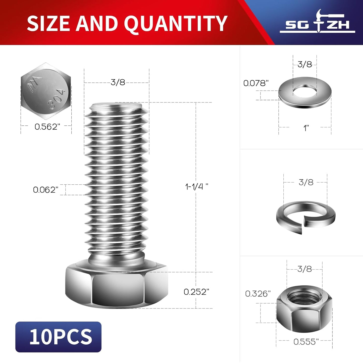 3/8-16 x 1-1/4" Hex Head Screw Bolt, Nuts, Flat & Lock Washers, 10Pcs 18-8 (304) Stainless Steel, Fully Threaded, by SG TZH