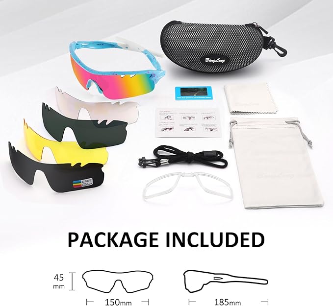 BangLong Polarized Sports Sunglasses Cycling Sun Glasses for Men Women with 5 Interchangeable Lenes for Running Baseball Golf