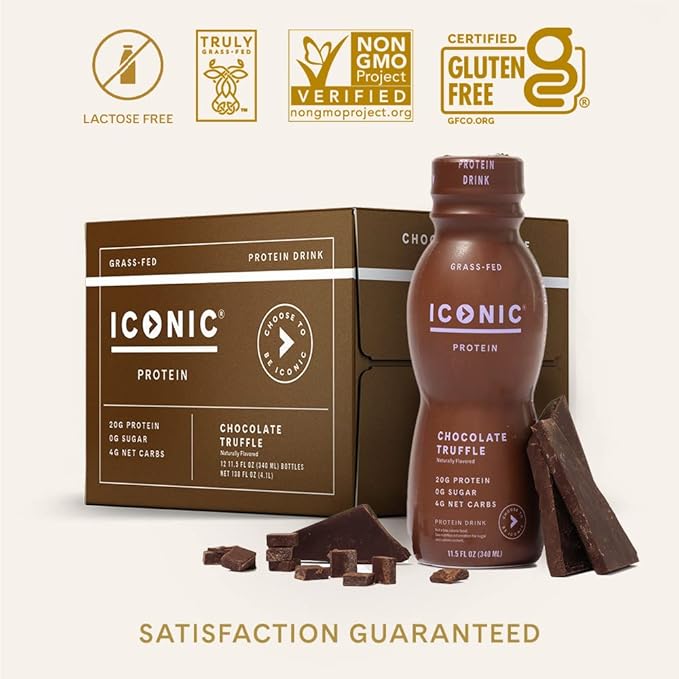 Iconic Protein Drinks, Chocolate Truffle (12 Pack) - Sugar Free & Low Carb - 20g Grass Fed Protein - Lactose Free, Gluten Free, Non-GMO, Kosher - Keto Friendly Protein Shakes