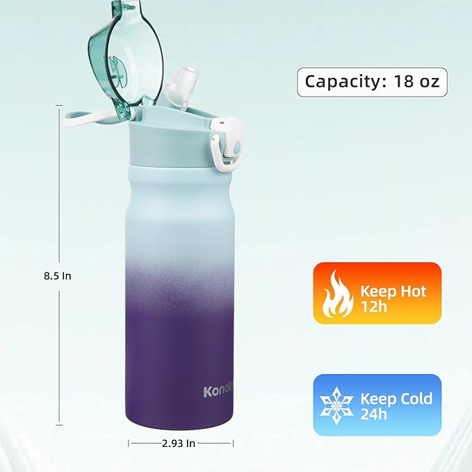 Insulated Water Bottle with Straw and Carry Loop,18 oz Stainless Steel Double Wall Vaccum Metal Water Flask with Leak-proof Lid,Ocean Dream