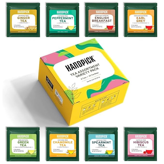 HANDPICK, Tea Bags Sampler Assortment Variety pack Gift Box 8 Flavors, 40 Tea Bags - Perfect Variety | English Breakfast, Green, Black, Herbal & More | Gifts for Him/Her