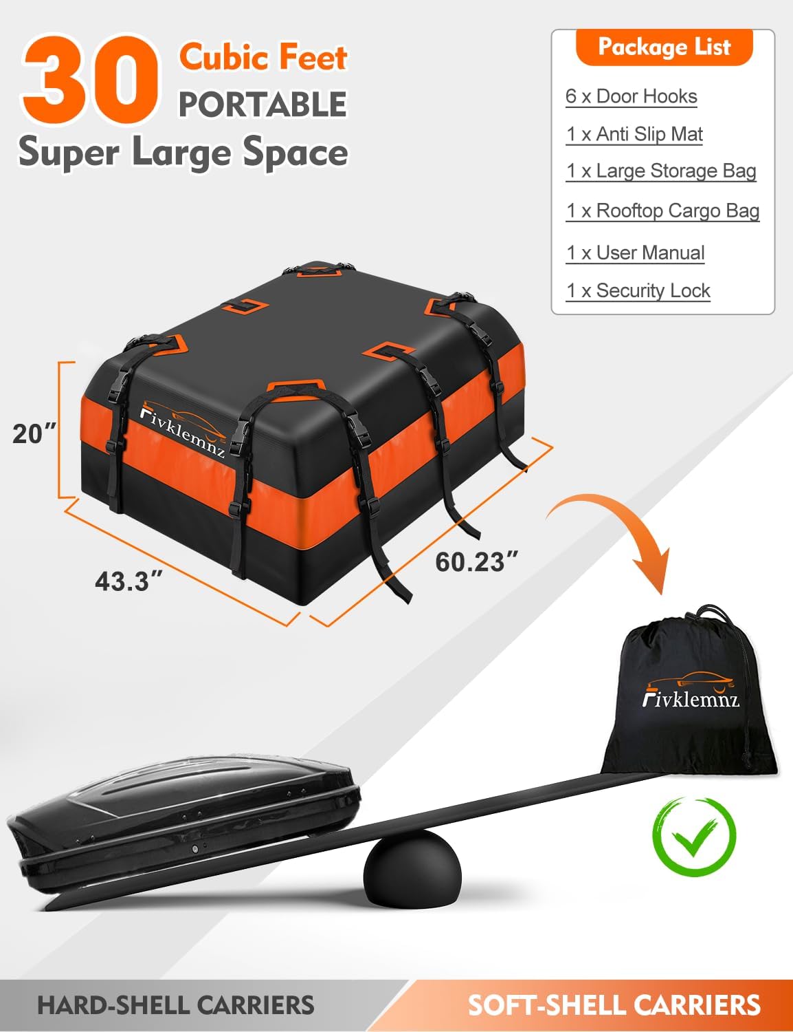 FIVKLEMNZ 30 Cubic Car Rooftop Cargo Carrier Roof Bag Waterproof for All Top of Vehicle with/Without Rack Includes Topper Anti-Slip Mat + Reinforced Straps + 6 Door Hooks + Luggage Lock