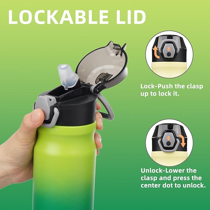 Insulated Water Bottle with Straw and Carry Loop,18 oz Stainless Steel Double Wall Vaccum Metal Water Flask with Leak-proof Lid,Matcha Green