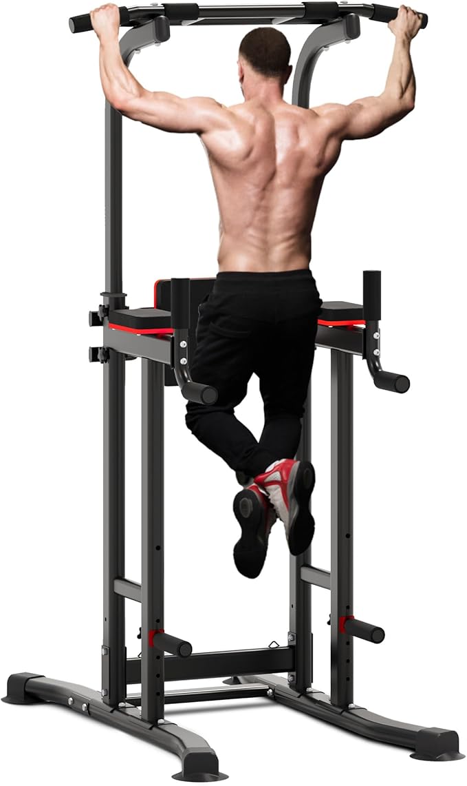 Outdoor Basic Power Tower Max Pull Up Bar and Dip Station - Heavy Duty 1600LBS Weight Capacity, Reinforced Steel Frame for Maximum Stability, Multi-Function Home Gym Equipment with Adjustable Height for Strength Training Fitness