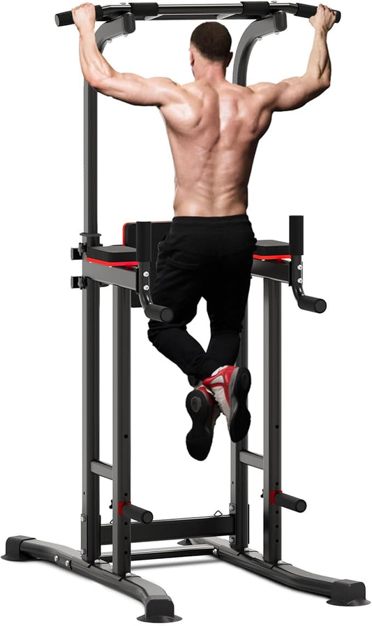Outdoor Basic Power Tower Max Pull Up Bar and Dip Station - Heavy Duty 1600LBS Weight Capacity, Reinforced Steel Frame for Maximum Stability, Multi-Function Home Gym Equipment with Adjustable Height for Strength Training Fitness