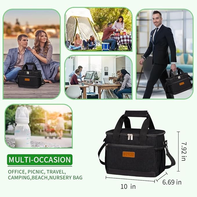 iknoe Insulated Lunch Bag, Foldable 8.5L Cooler Bag for Men & Women, Leakproof Thermal Design, Great for Office, Picnic, Travel, Lunch Box, Black