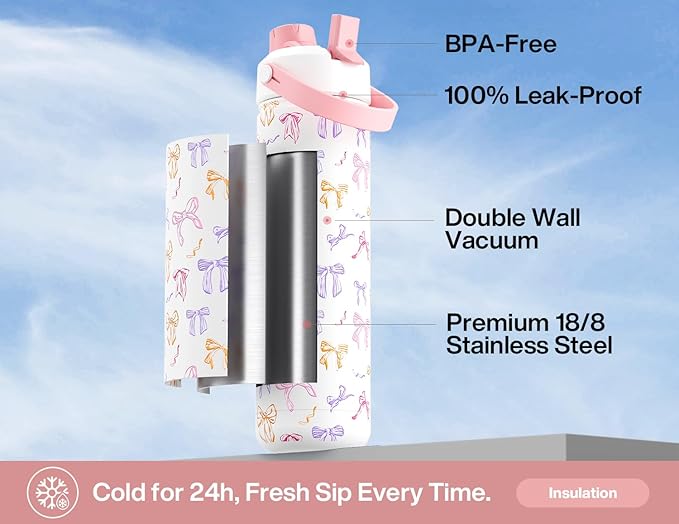 26 oz Insulated Water Bottle with 2-in-1 Straw and Spout Lid, Keep Cold 24H, Leak-Proof, Fits in Car Cup Holder, Stainless Steel Water Bottle for Sports, Travel, and School (Ribbon Whimsy)