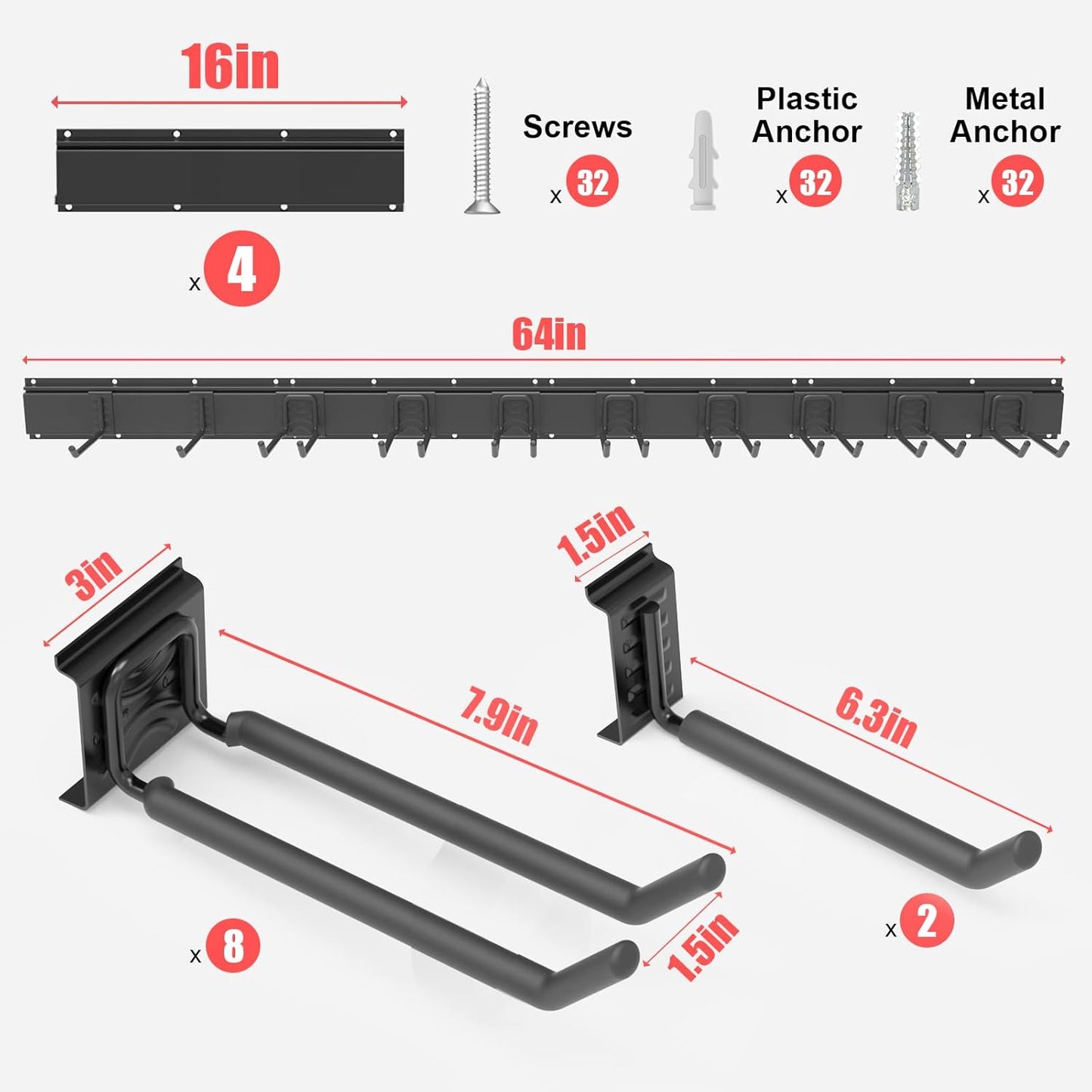 Wall-Mounted Garage Tool Organizer: 64 Inch Heavy-Duty Garden Rack & Wall Storage System - 4 Rails 10 Non-Slip Hooks for Folding Chairs, Ladders & DIY Tools