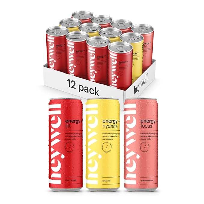 Heywell Sparkling Adaptogenic, Water Energy and Focus, Energy Variety Pack, 12 Fluid Ounce (Pack of 12) - Caffeinated, Organic, Non GMO, Vegan, Gluten Free, Dairy Free