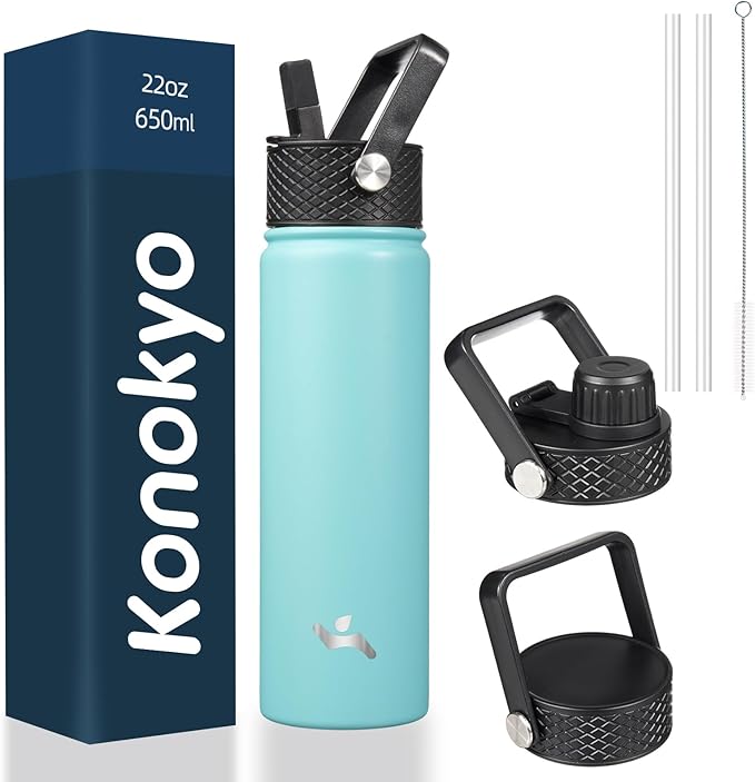 22oz Stainless Steel Bottles with 3 Lids Sport Insulated Water Bottle,Turquoise