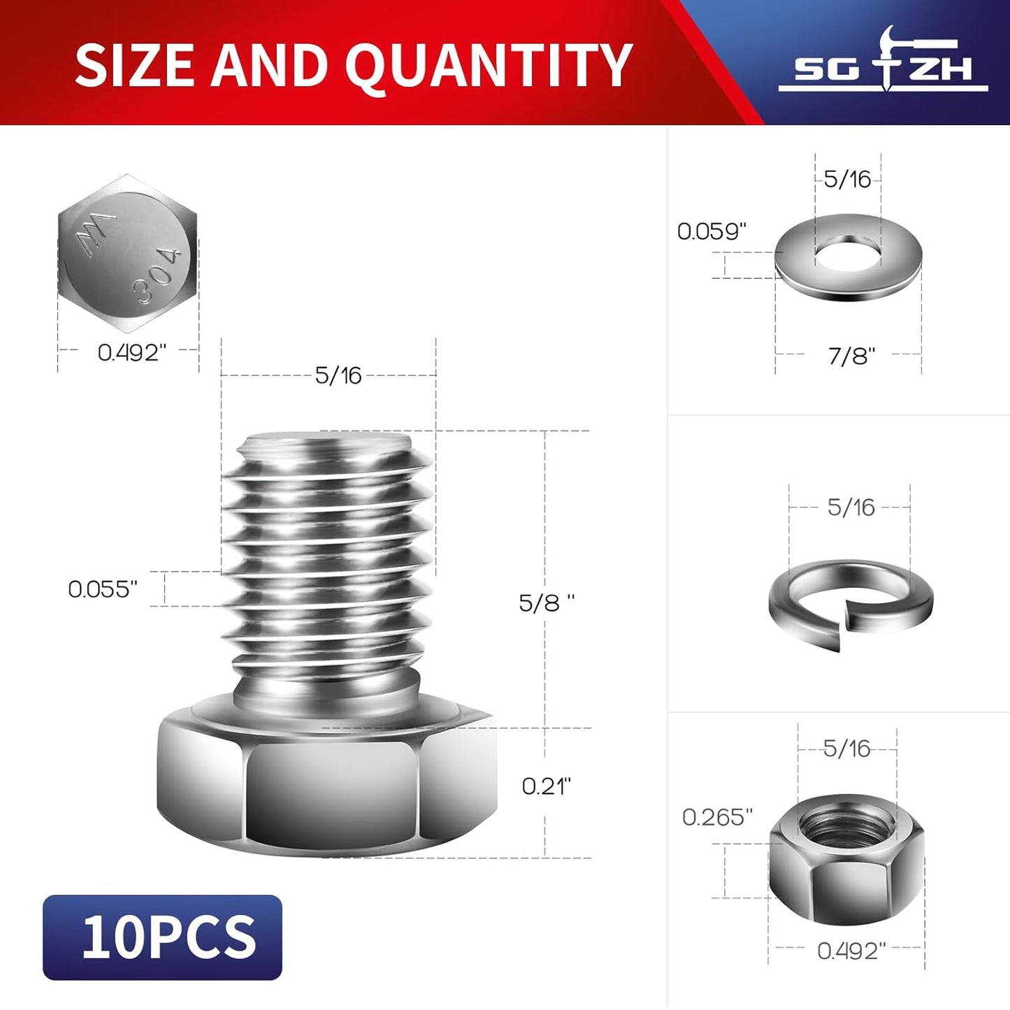 5/16-18 x 5/8" Hex Head Screw Bolt, Nuts, Flat & Lock Washers, 10Pcs 18-8 (304) Stainless Steel, Fully Threaded, by SG TZH
