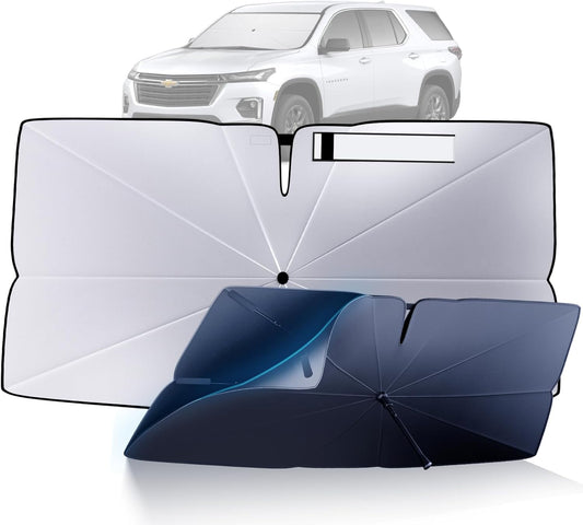 Windshield Sun Shade Umbrella Compatible with 2018-2023 Chevy Traverse Accessories: Custom Fit 240T Silver, Double Thickened, Foldable Window Sunshade, Ultimate 99% UV Blocking for L, LS, LT, RS