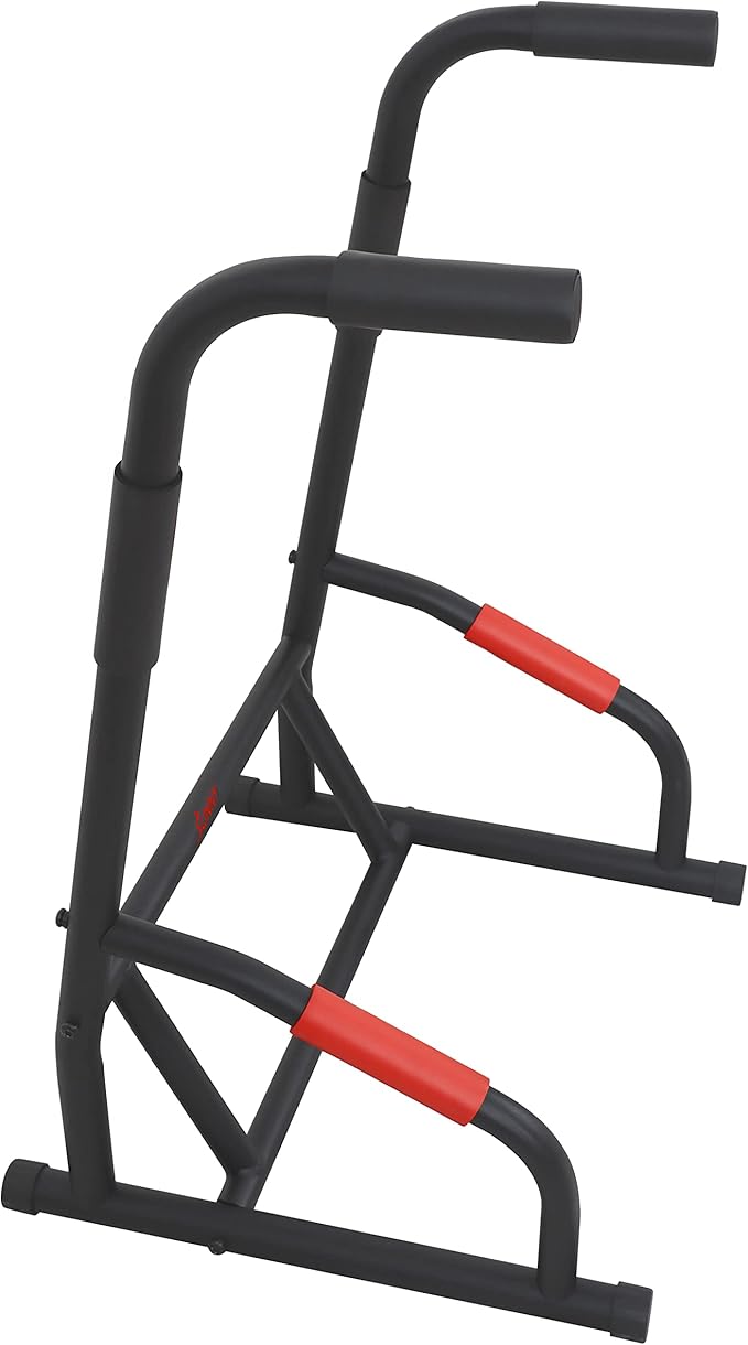 Sunny Health & Fitness Power Tower, Dip Bar, Push-Up & Pull Up Assisting Parallette Station w Optional Rock Climbing Grip Trainer